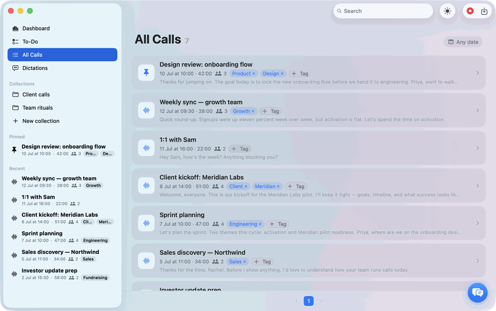 The All Calls list with titles, durations, speaker counts and tags