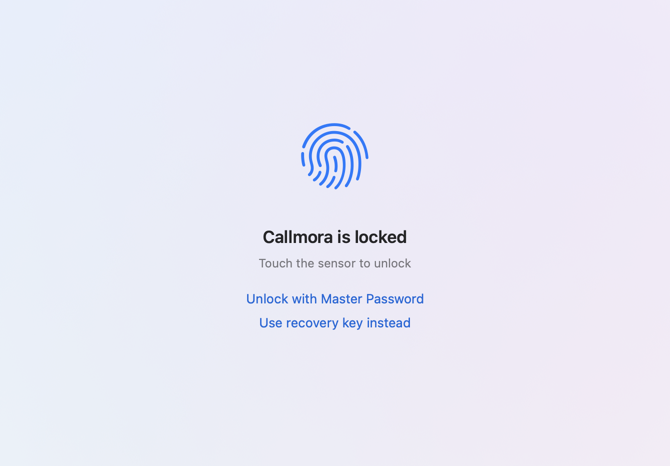 Callmora's lock screen with Touch ID, master password and recovery key options
