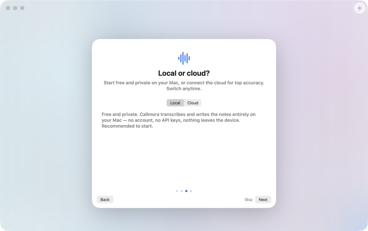 Callmora onboarding — choosing between Local and Cloud transcription