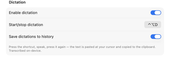 The Dictation section in Callmora's General settings