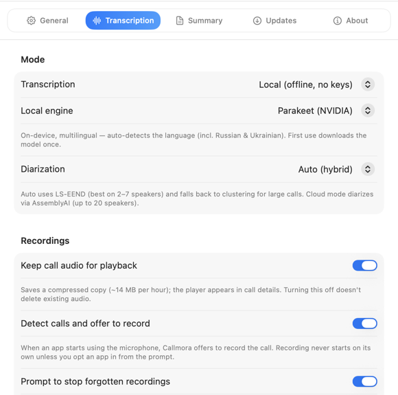 Transcription settings — Local or Cloud mode, engine and diarization