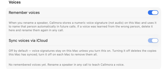 The Voices section — Remember voices and Sync voices via iCloud