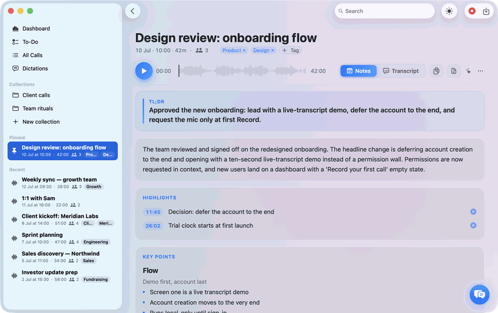 AI notes for a call — TL;DR, decisions and to-dos